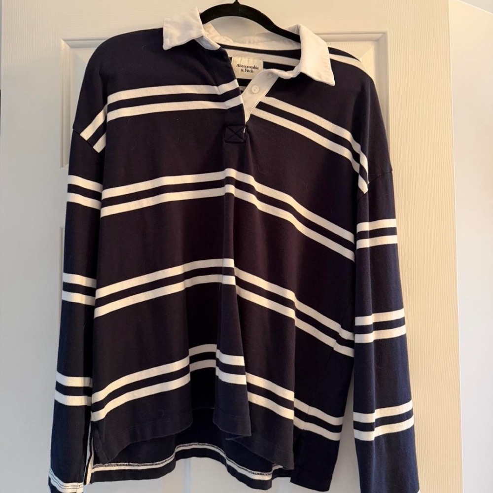 Abercrombie Striped Navy and White Rugby Shirt Medium